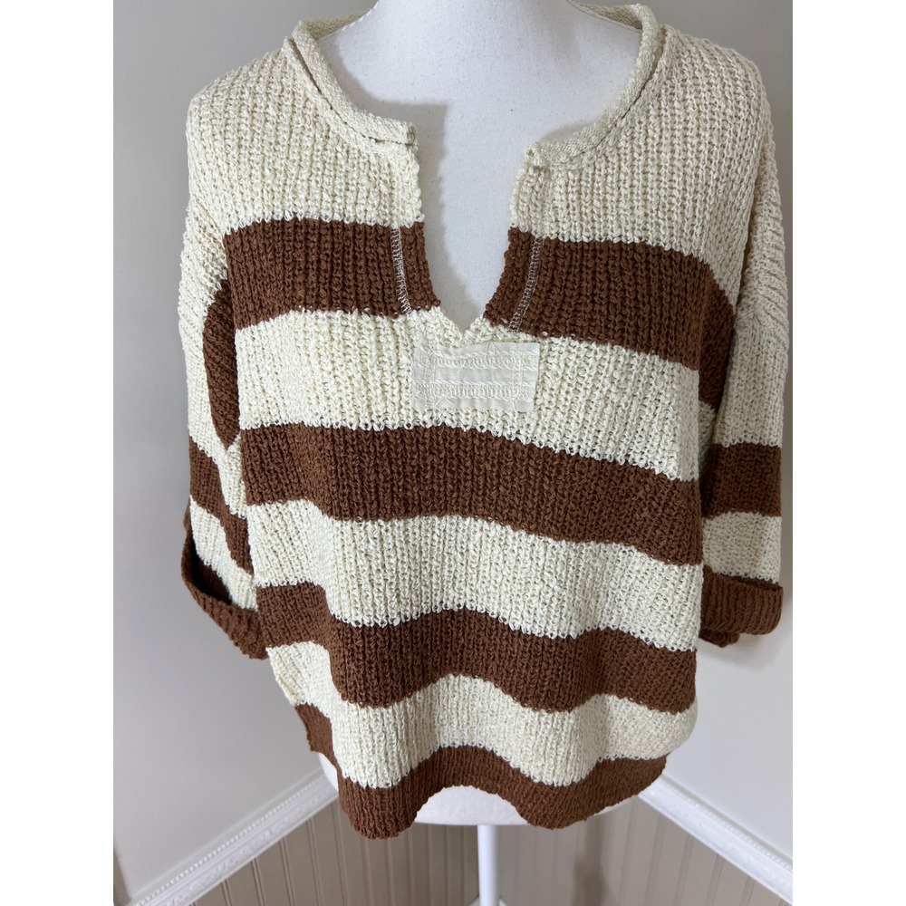 Zenana Striped Knit Sweater Deep Camel Cream V-Neck Short Sleeve L/XL - Picture 7 of 13